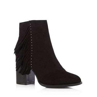 Black tasselled high heeled ankle boots